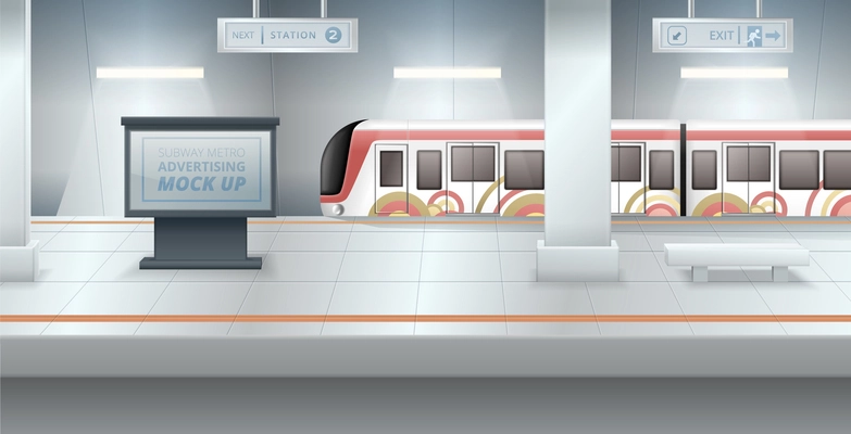 Advertising mockup on empty subway station platform with train in background realistic vector illustration