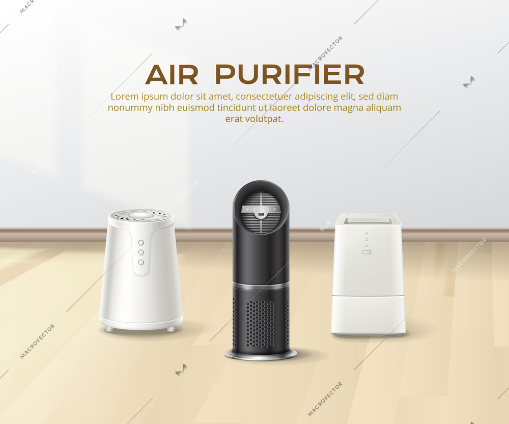 Air purifier realistic poster with three modern household appliances and editable text vector illustration