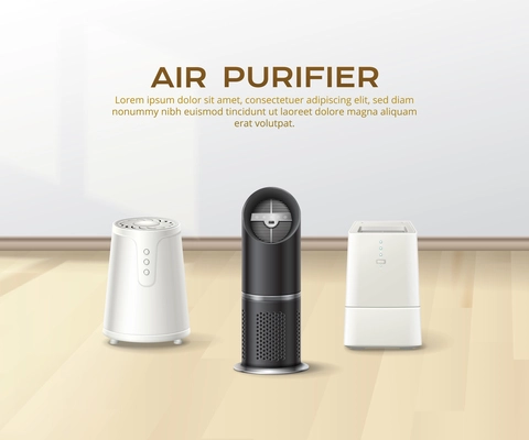 Air purifier realistic poster with three modern household appliances and editable text vector illustration