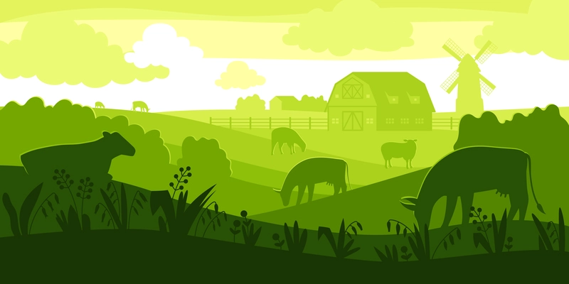 Rural landscape silhouette composition silhouettes of animals and greenery against a sunset background vector illustration