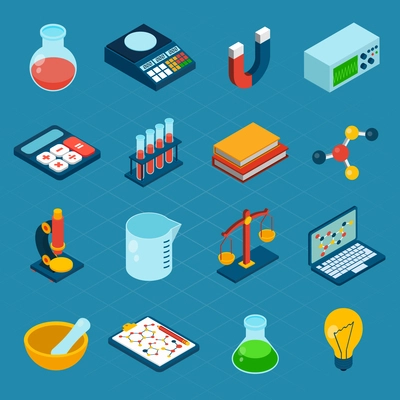 Isometric science 3d icons set with flask magnet calculator isolated vector illustration