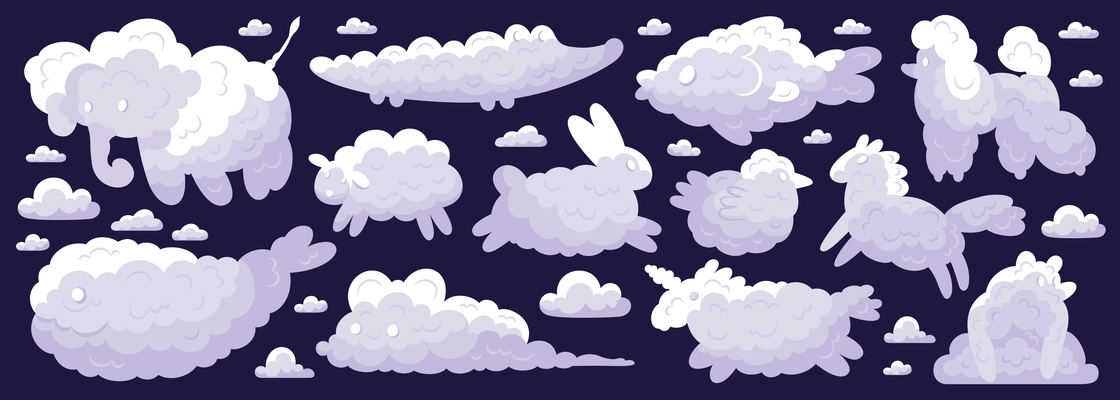 Fairytale animal clouds icon set clouds in the form of a whale elephant poodle horse bear bunny vector illustration