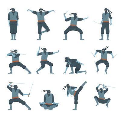 Ninja flat set with male human characters of warriors with weapons in various poses isolated against white background vector illustration