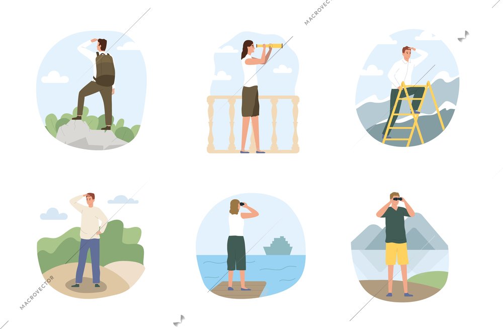People looking into distance with binoculars and spyglass from top of mountain balcony ladder flat set isolated vector illustration