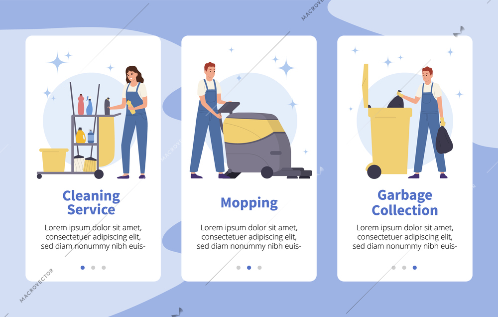 Home and industrial professional cleaning service app design flat banner set with male and female workers isolated vector illustration