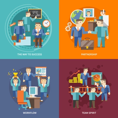 Businessman working design concept with way to success partnership workflow team spirit flat icons set isolated vector illustration