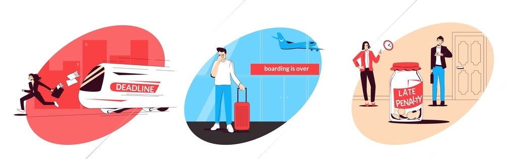 Set with three isolated be late compositions with flat views of penalty deadline and plane boarding vector illustration