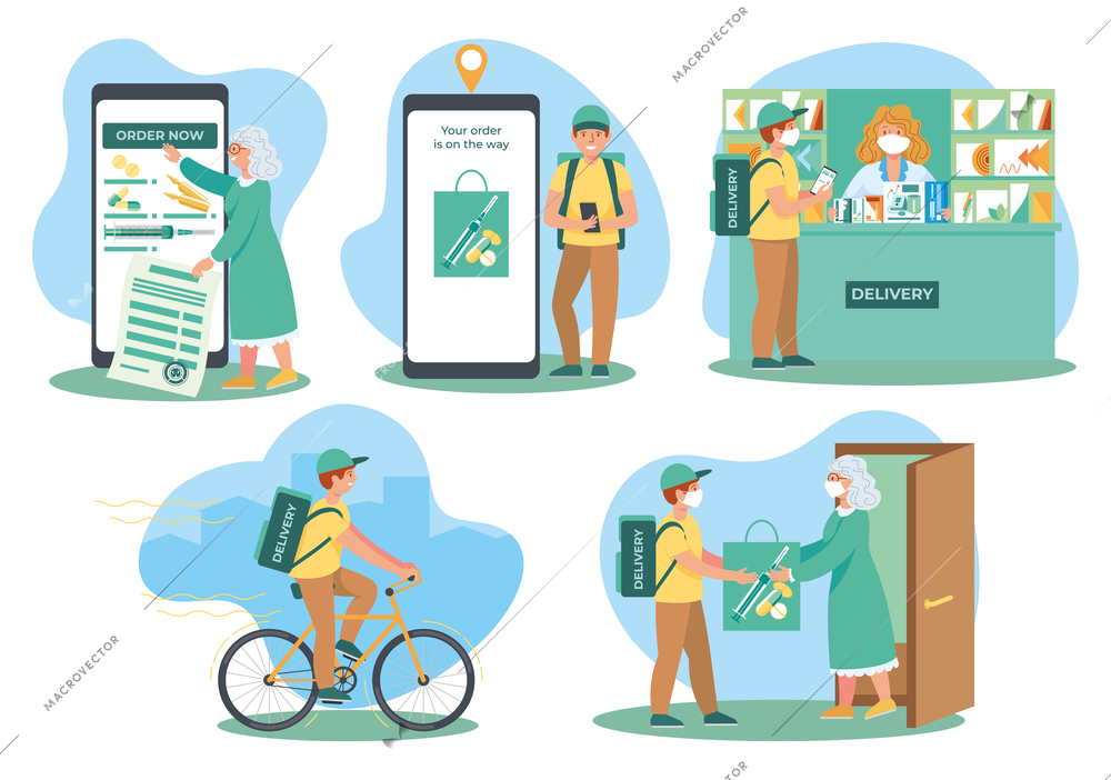 Medicine delivery courier service flat set of five isolated compositions with app order and bicycle delivery vector illustration