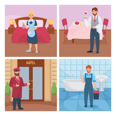 Hotel staff flat 2x2 set of square compositions with views of hotel worker in certain room vector illustration