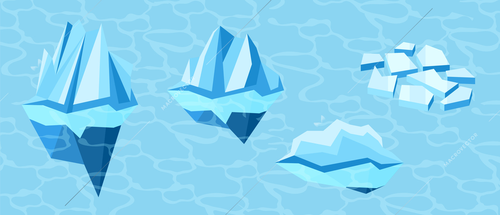 Climate change and global warming isometric background with icebergs and melting ice floes on sea surface vector illustration