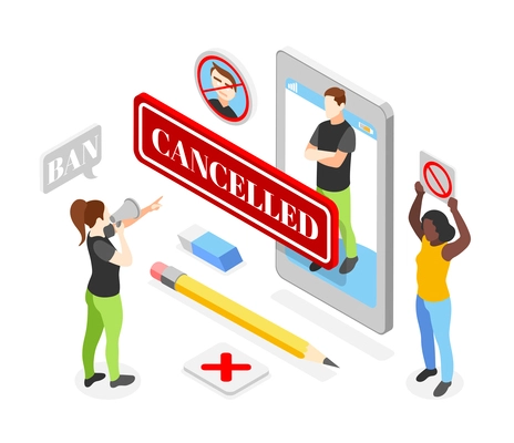 Cancel culture social media behavior composition with banned person women holding loudspeaker and prohibition sign isometric vector illustration