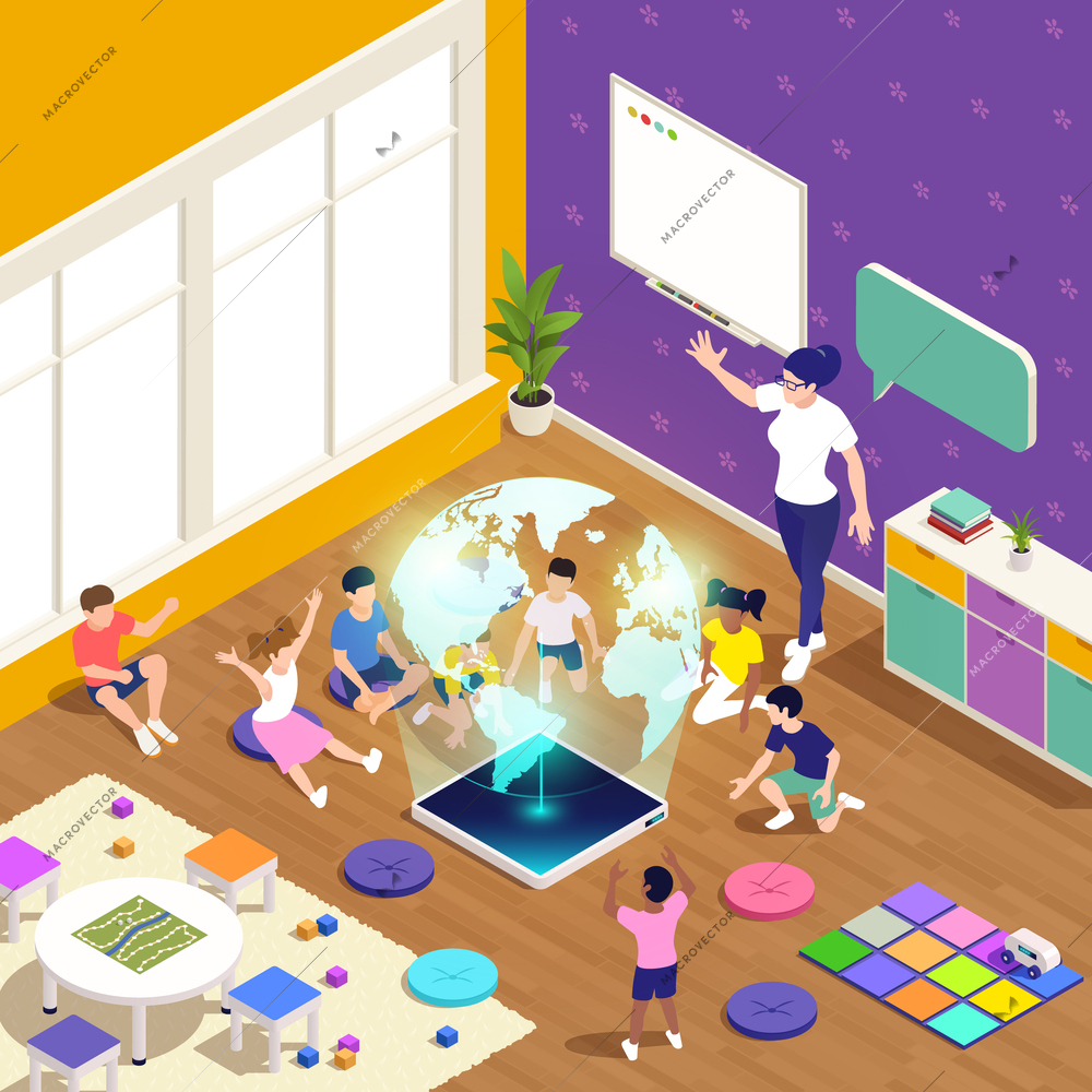 Kindergarten isometric colored concept with teaching a kindergarten class in a group using 3-D projection vector illustration