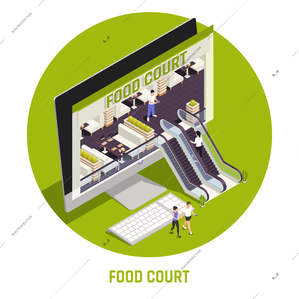 Food court isometric and colored concept 3d visualization of food court on the computer screen with escalators extending beyond the screen vector illustration