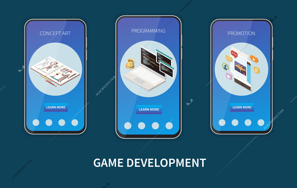 Game development isometric composition with promotion symbols isolated vector illustration