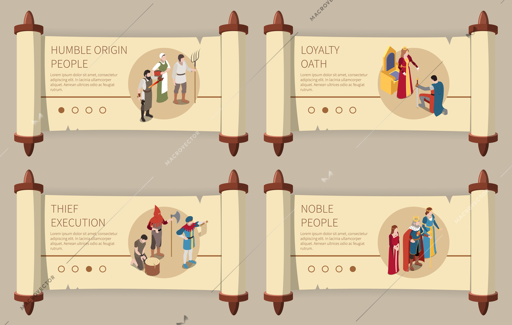 Medieval isometric banners set with noble people isometric isolated vector illustration