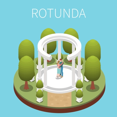 Park landscape elements design with romantic rotunda isometric vector illustration