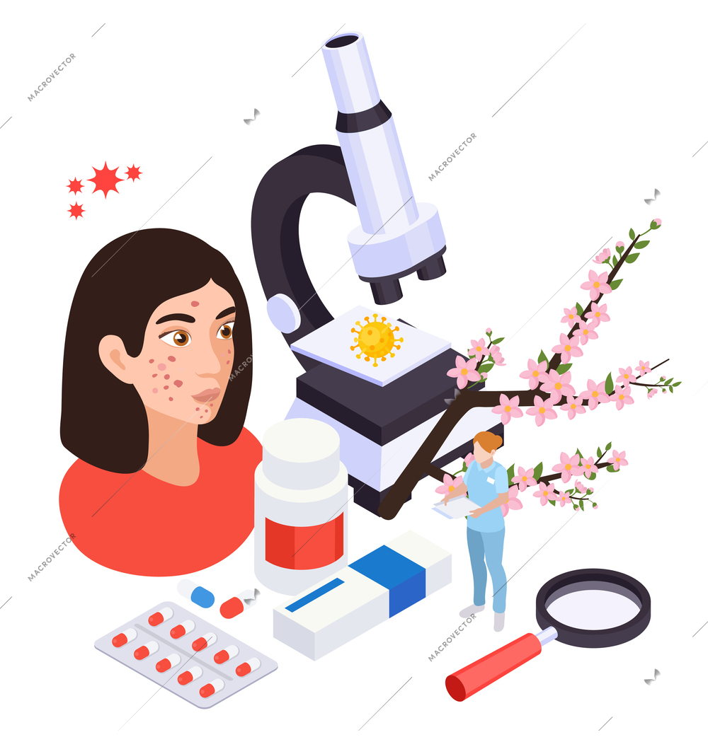 Allergy symptoms treatment isometric composition with images of pills microscope and female head with doctor character vector illustration