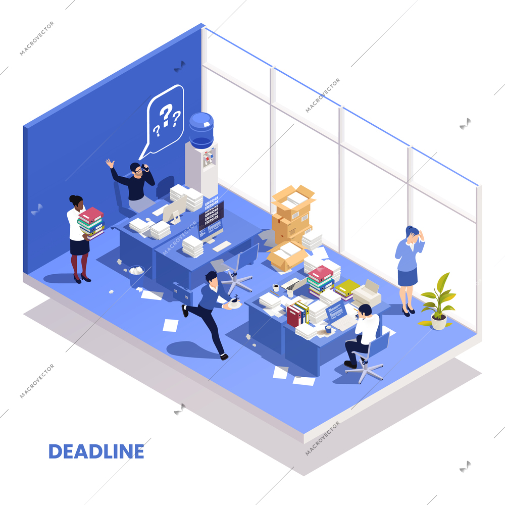 Chaotic messy office work isometric composition with disorganized people missing deadline vector illustration