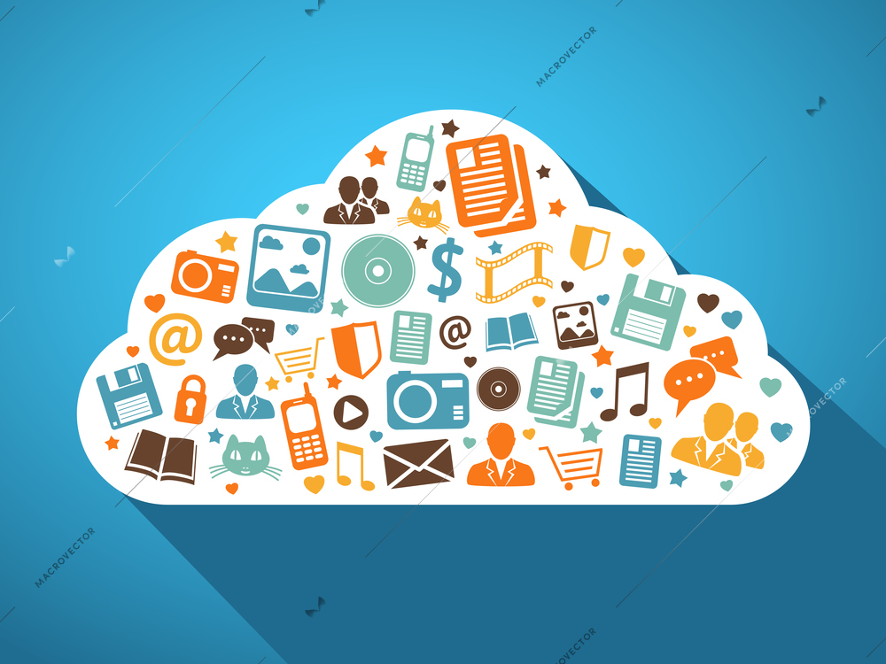 Multimedia social networks and mobile apps in the cloud concept vector illustration