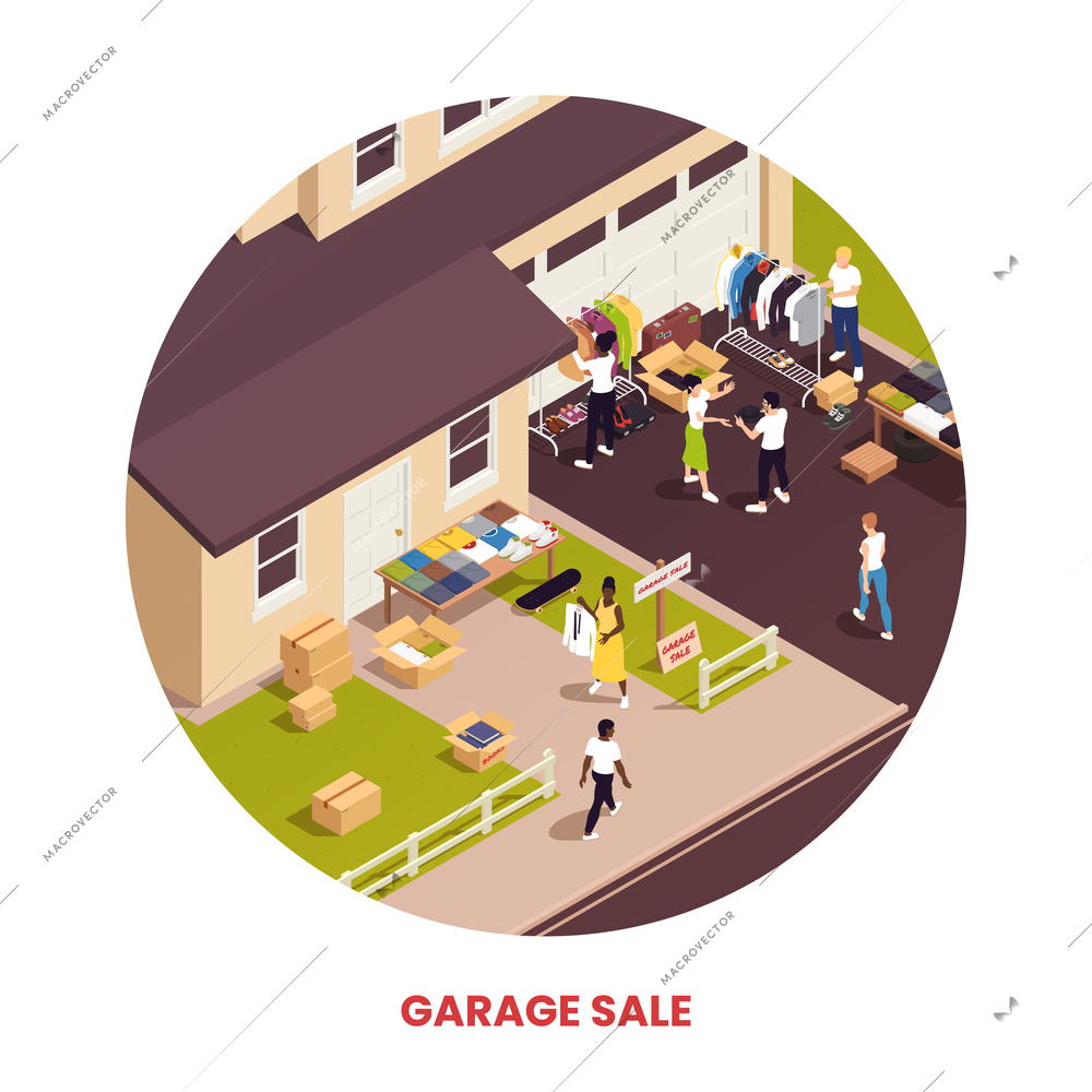 Garage sale and flea market composition with isometric house and people shopping outdoors vector illustration