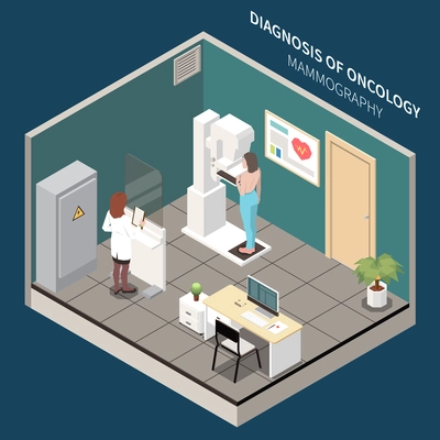 Breast cancer diagnostics isometric composition with patient during mammography screening in clinic 3d vector illustration
