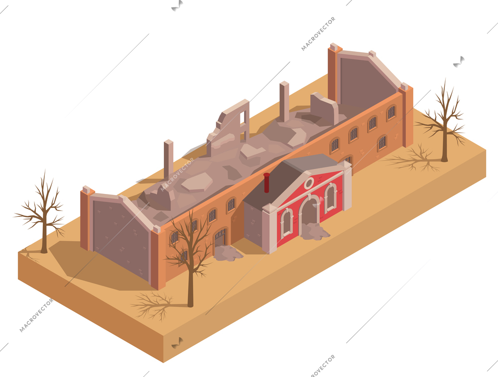 Ruined destroyed city building and burned trees isometric vector illustration