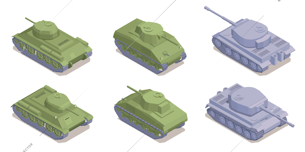 WWII military isometric set with grey and green armored tanks isolated vector illustration