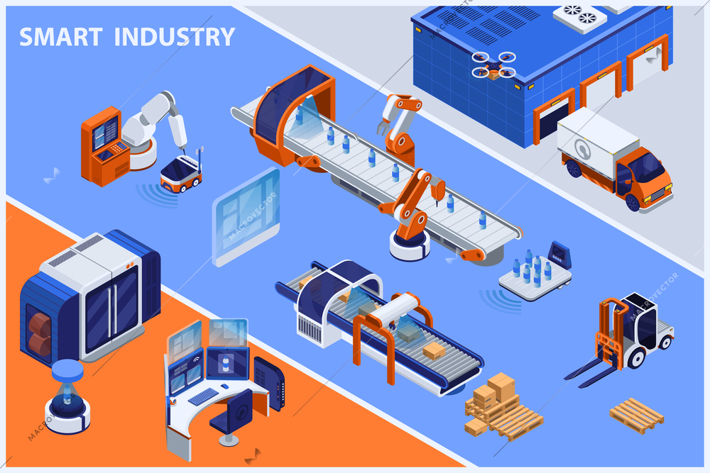 Smart industry isometric background with conveyor production symbols vector illustration