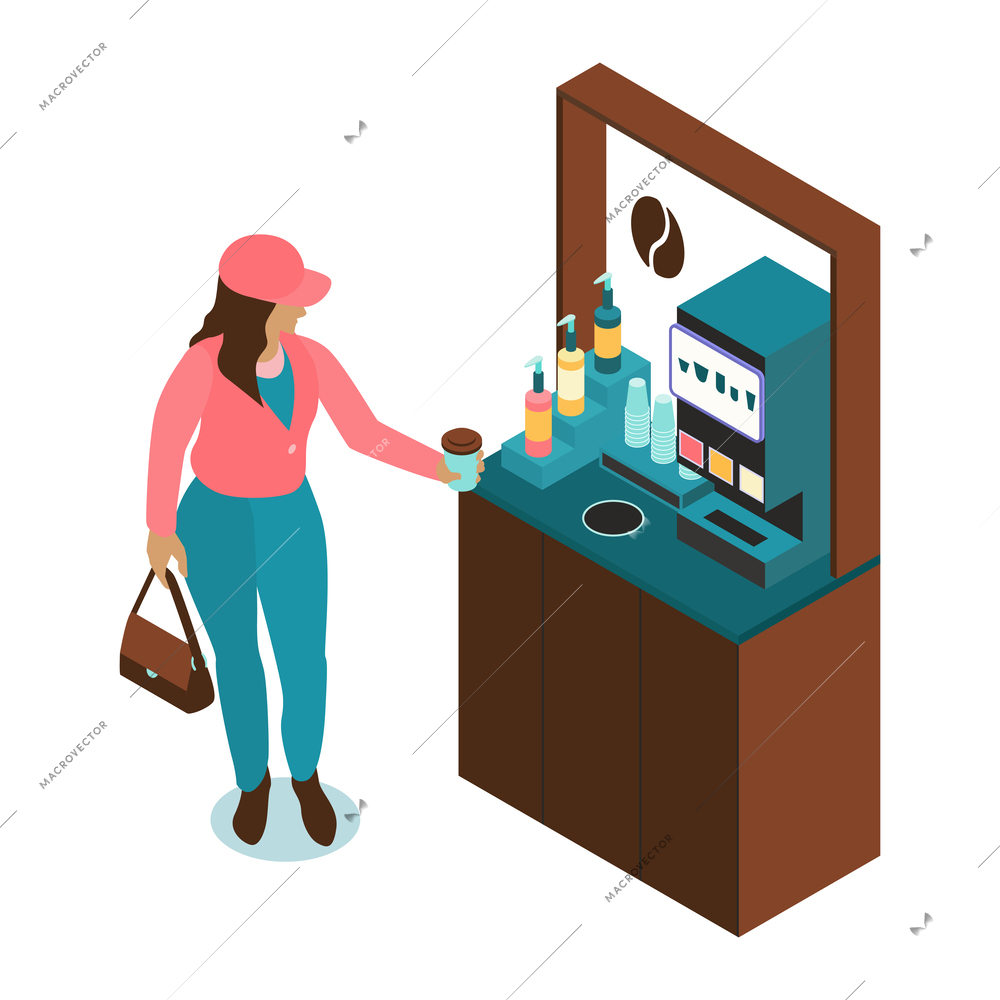 Isometric self service coffee composition woman picks up her coffee from counter prepared by coffee machine vector illustration