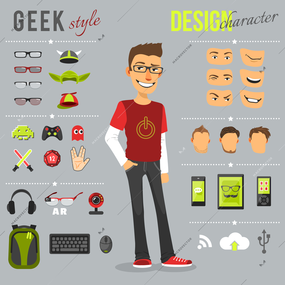 Geek style design character set with backpack computer keyboard web camera isolated vector illustration
