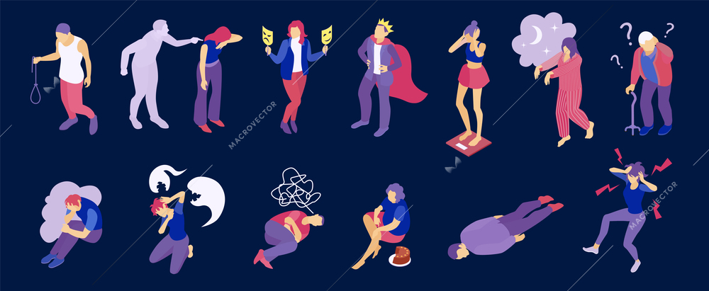 Isometric mental disorders color icon set with psychosis trauma depression dementia anorexia nervosa somnambulism schizophrenia and other descriptions vector illustration