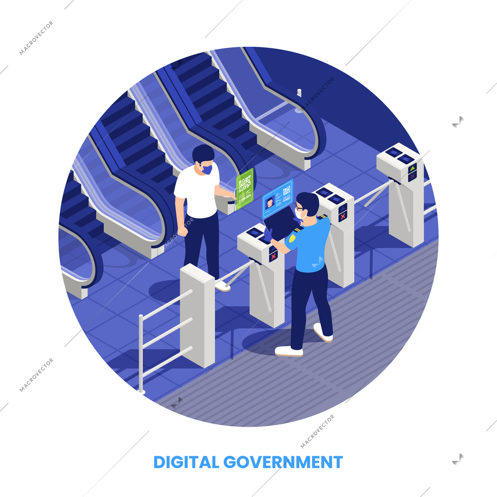 Digital govenment concept with citizen entering public transport using qr-code id isometric vector illustration