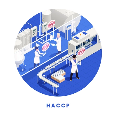 HACCP food safety concept with milk production line and lab workers isometric vector illustration