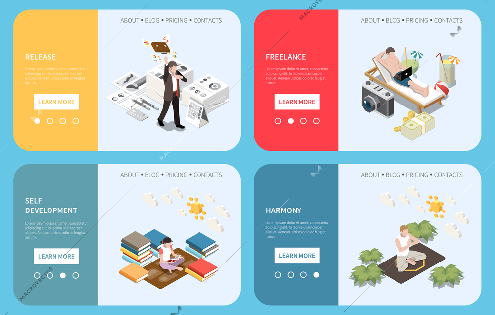 Isometric downshifting simple living web banners set with people escaping from office going freelance and resting isolated 3d vector illustration