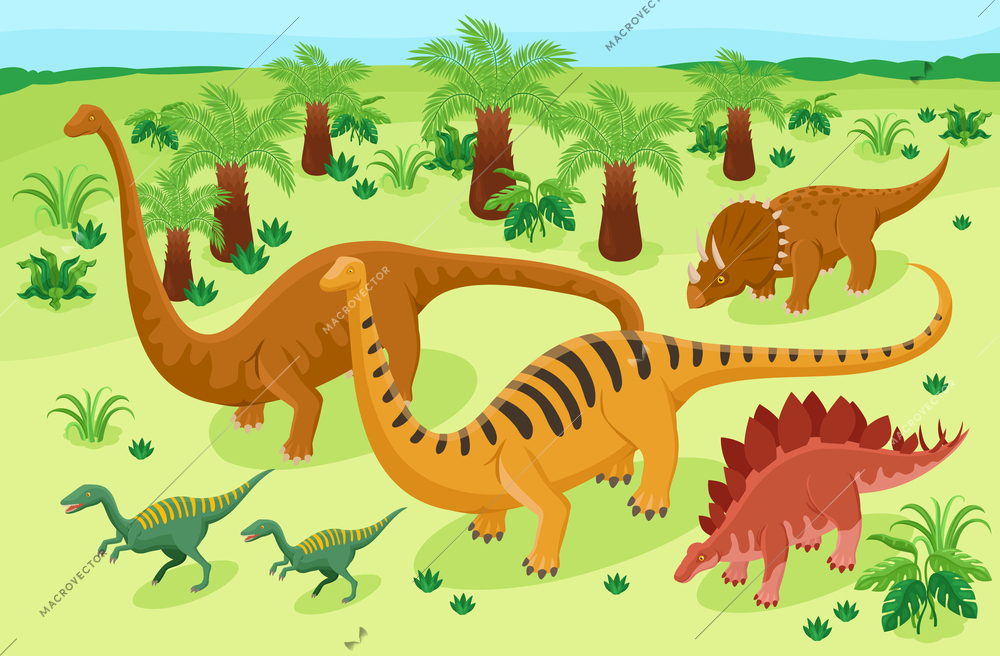 Isometric dinosaurs composition with prehistoric times exotic landscape with walking reptiles of various size and coloring vector illustration