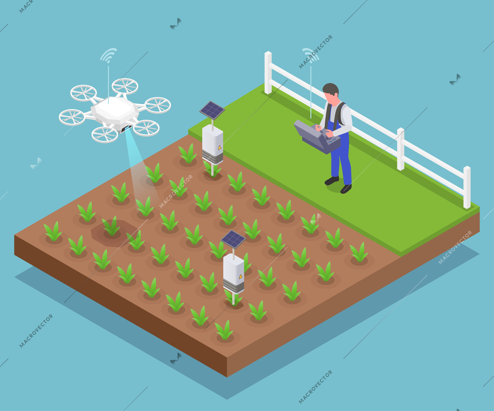 Agriculture automation isometric composition with drone watering the field vector illustration