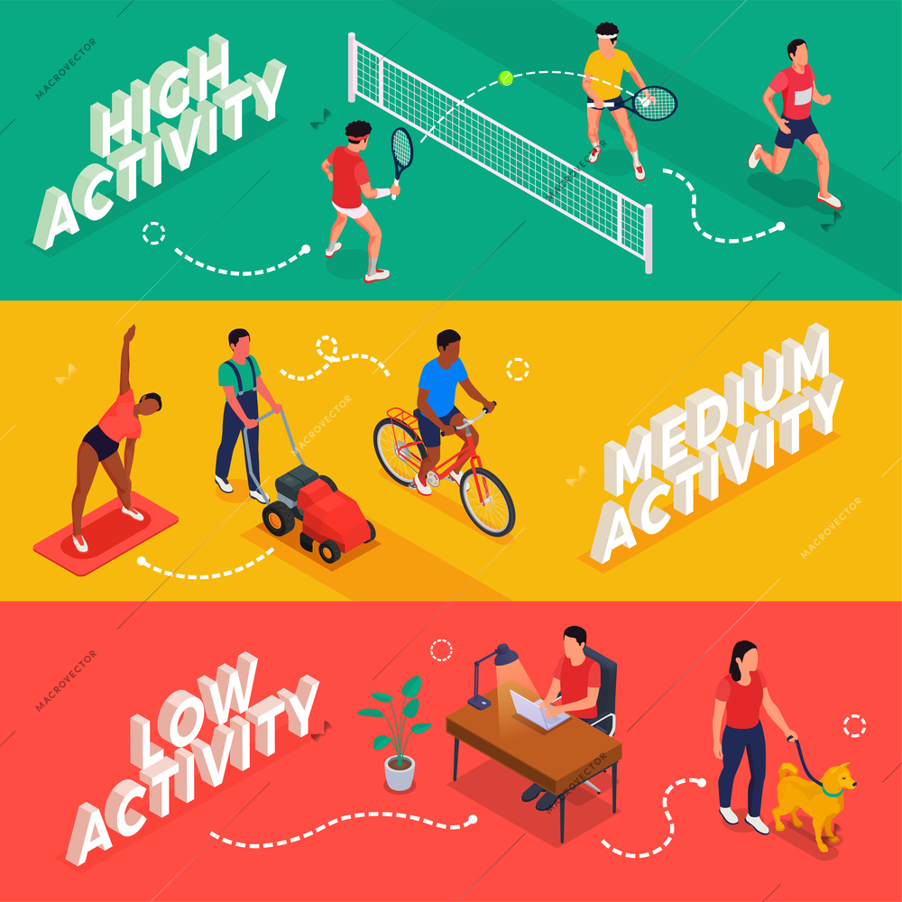 Physical activity levels horizontal banners set isolated vector illustration