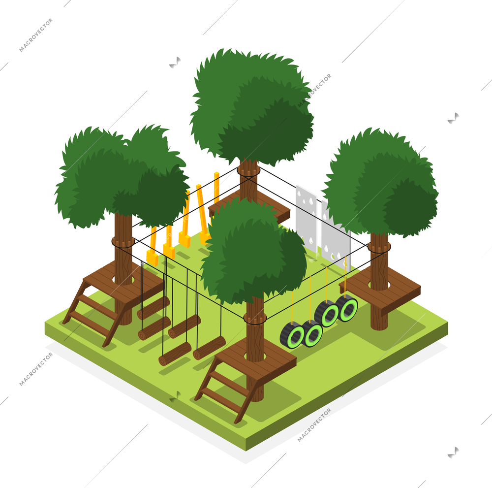 Rope park landscape isometric vector illustration with suspended bridge zip line tires walk elements of equipment for extreme training