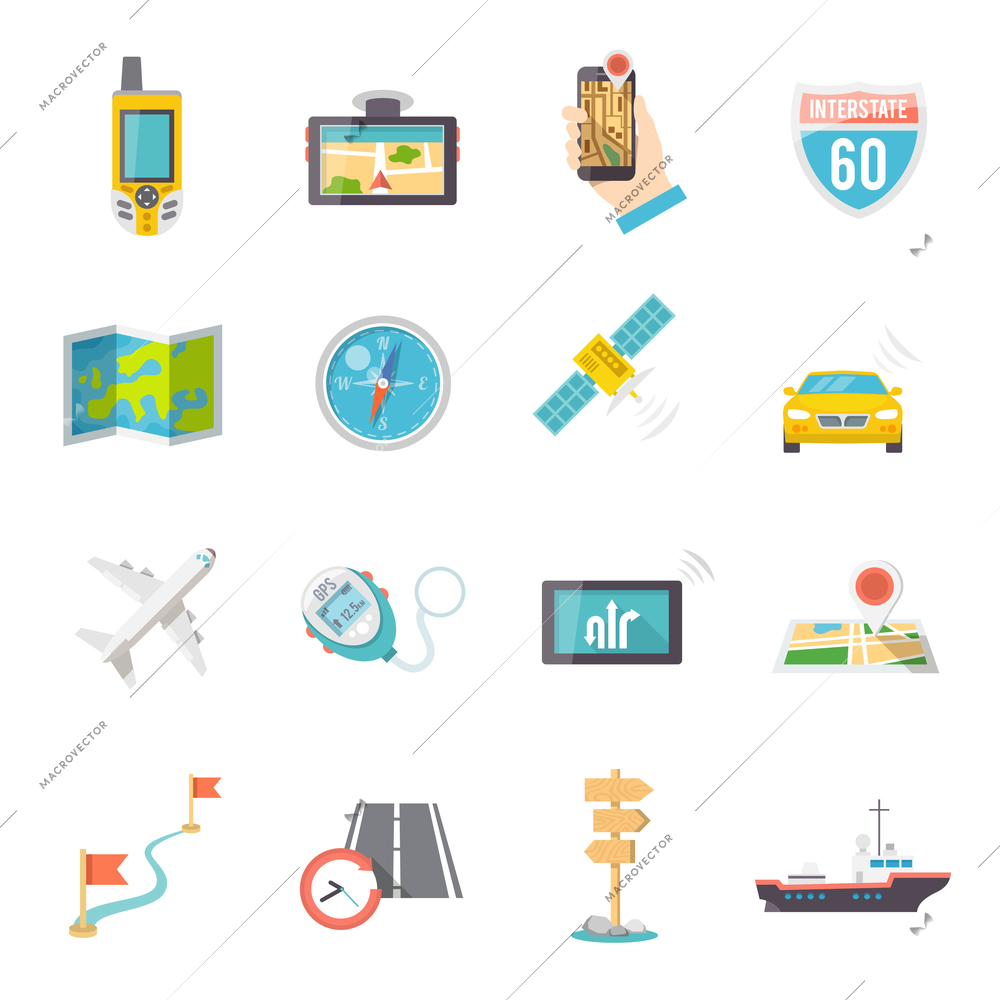 Navigation direction and position finder systems flat icons collection with road map flags abstract isolated vector illustration