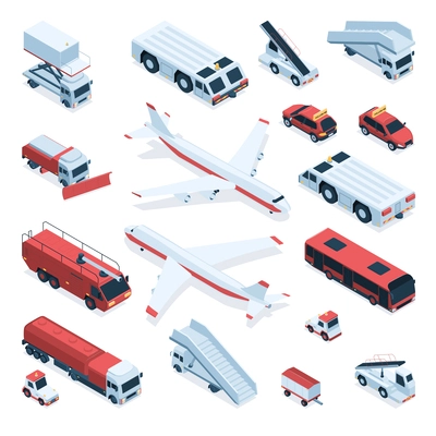Set with isolated airport transport isometric icons of shuttle buses cargo trucks moving stairs and jets vector illustration