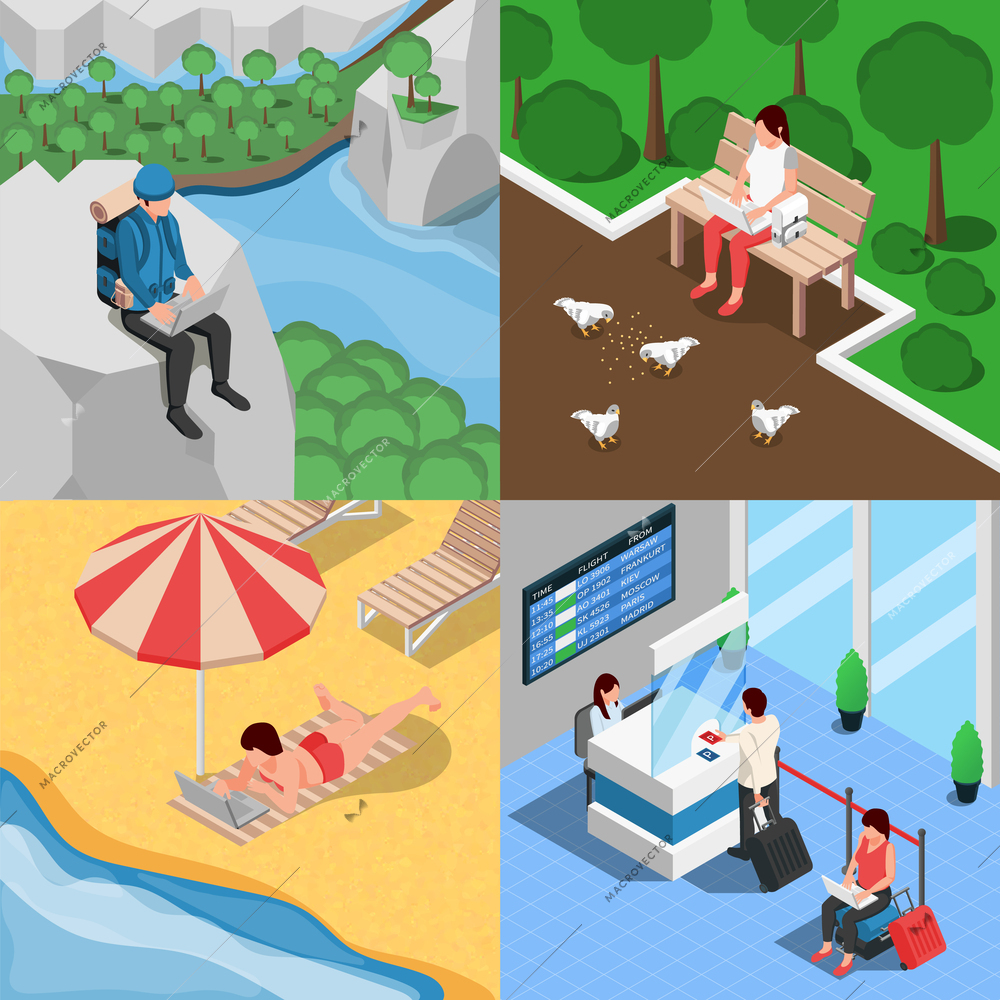 Digital nomads 2x2 isometric set of four square compositions with park mountains beach and airport sceneries vector illustration