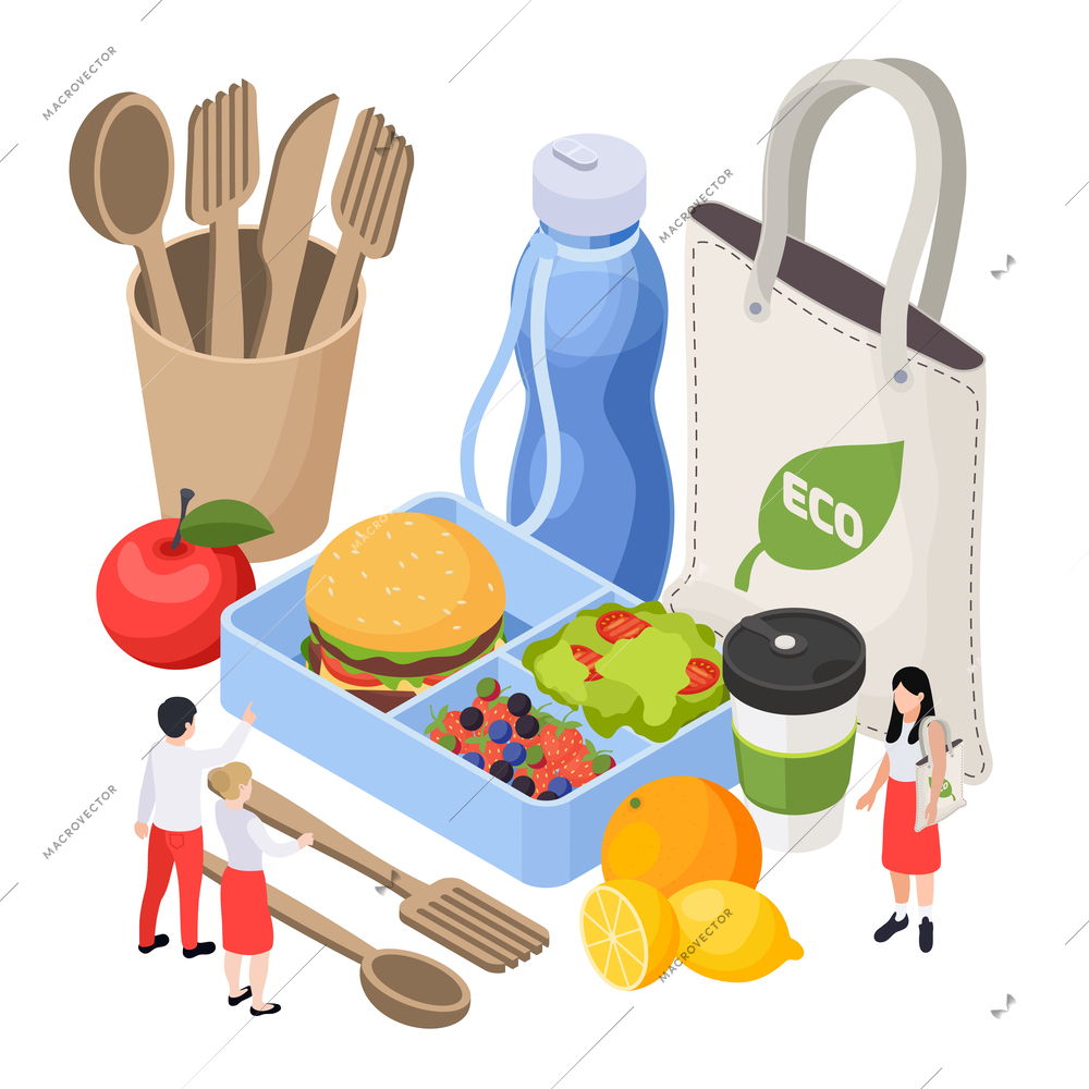 Sustainable living zero waste concept with wooden tableware cotton eco bag container with vegan food isometric vector illustration