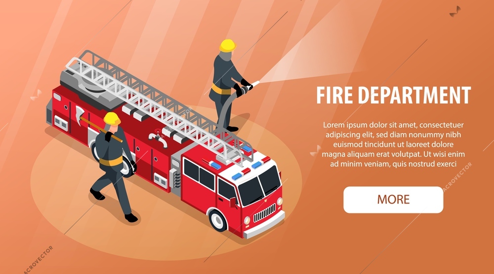 Isometric emergency services horizontal banner with characters of fire fighters truck editable text and more button vector illustration