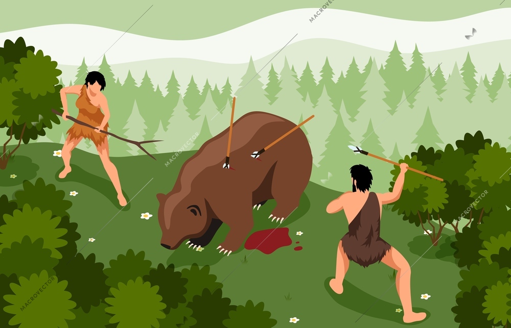 Isometric primitive people horizontal composition with outdoor forest scenery and two men fighting bear with spears vector illustration