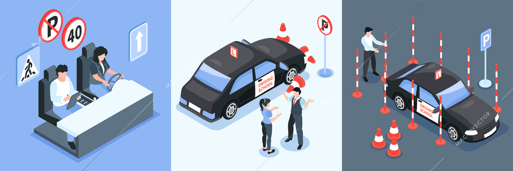 Isometric driving school design concept set with driving simulators lessons and driving test vector illustration