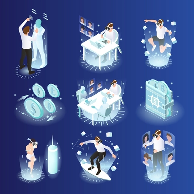 Vr metaverse isometric icon set various computer games with virtual reality projections and silhouettes vector illustration