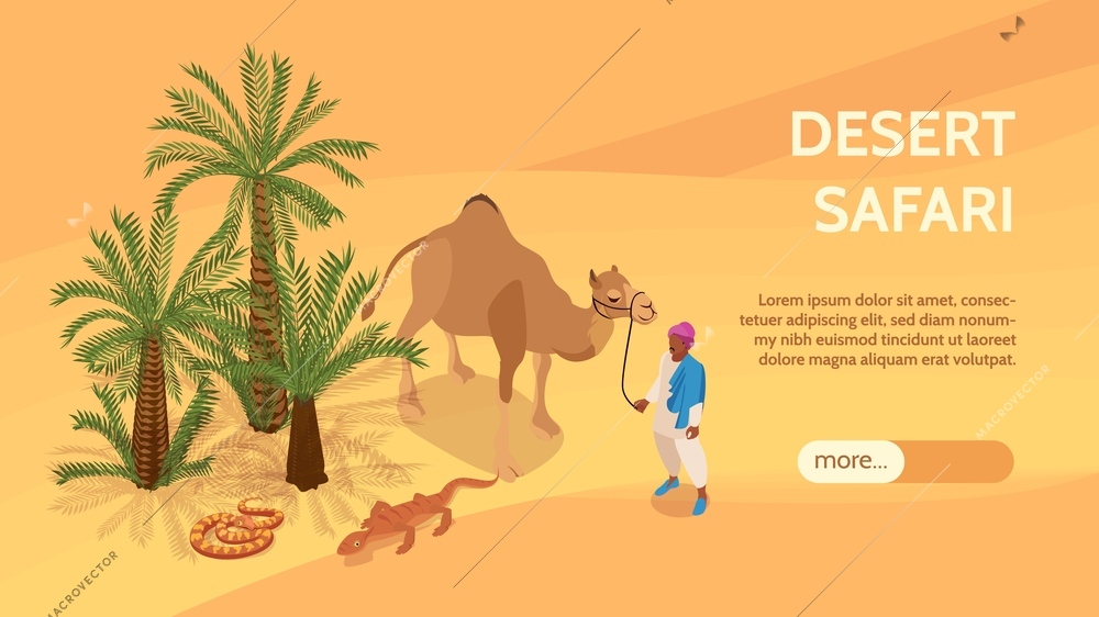 Desert isometric horizontal banner with palm trees snake lizard and bedouin leading camel vector illustration