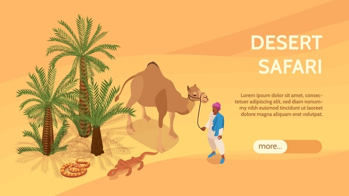 Desert isometric horizontal banner with palm trees snake lizard and bedouin leading camel vector illustration