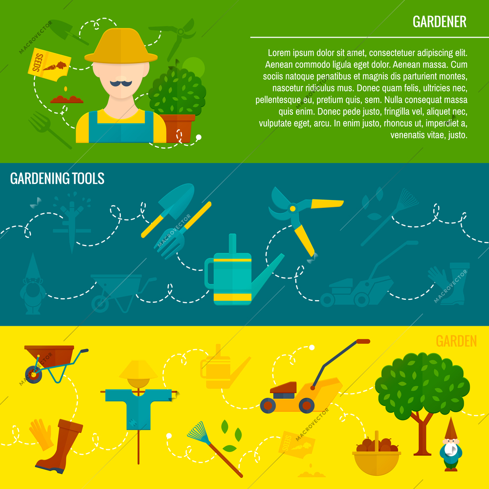 Cartoon character gardener cultivate vegetables from seeds  horizontal flat banners set with tools abstract isolated vector illustration