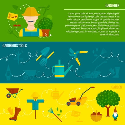 Cartoon character gardener cultivate vegetables from seeds  horizontal flat banners set with tools abstract isolated vector illustration